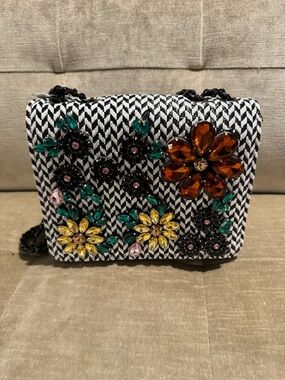 Black & White Herringbone Embellished Floral Crossbody Bag